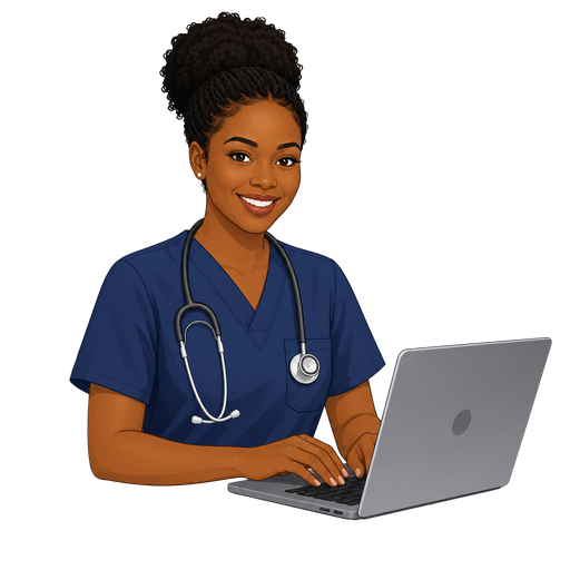 Illustrated nurse typing a nursing note at a laptop
